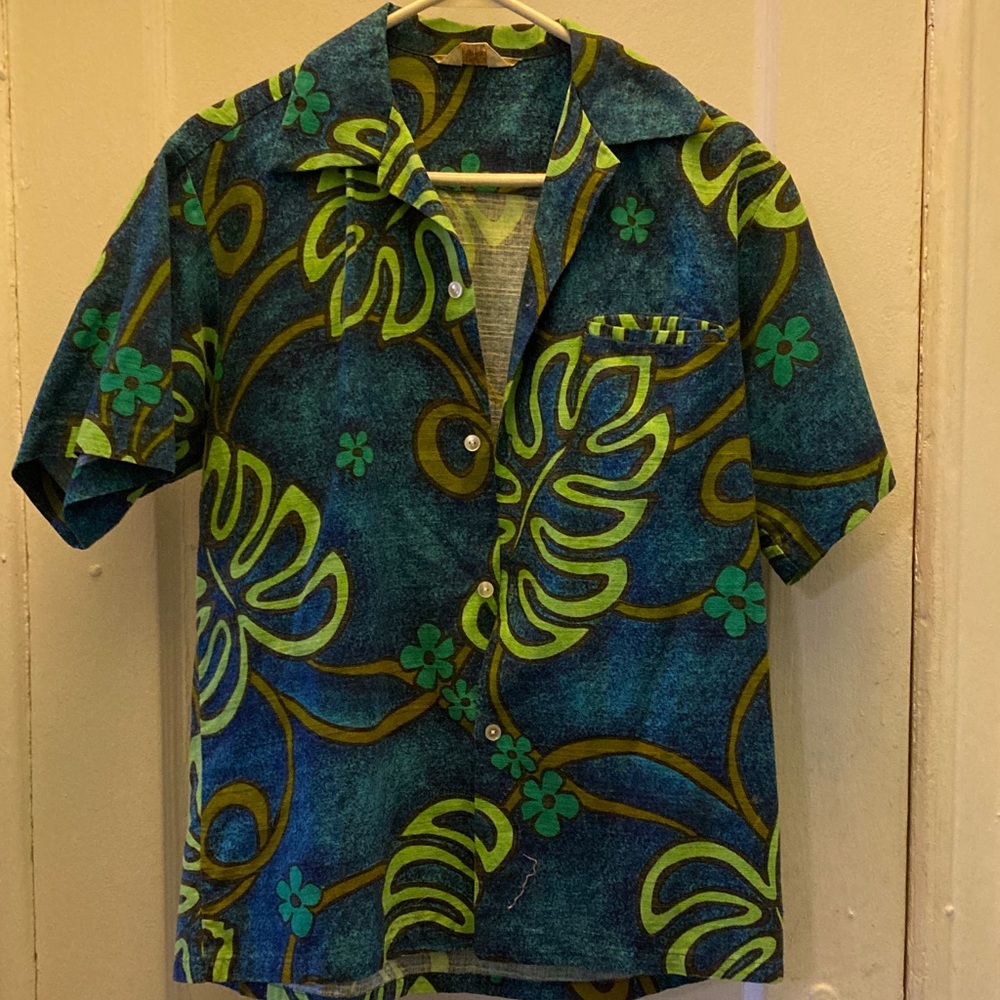 Men's Vintage Hawaiian Tropical Blue and Green Casual Shirt